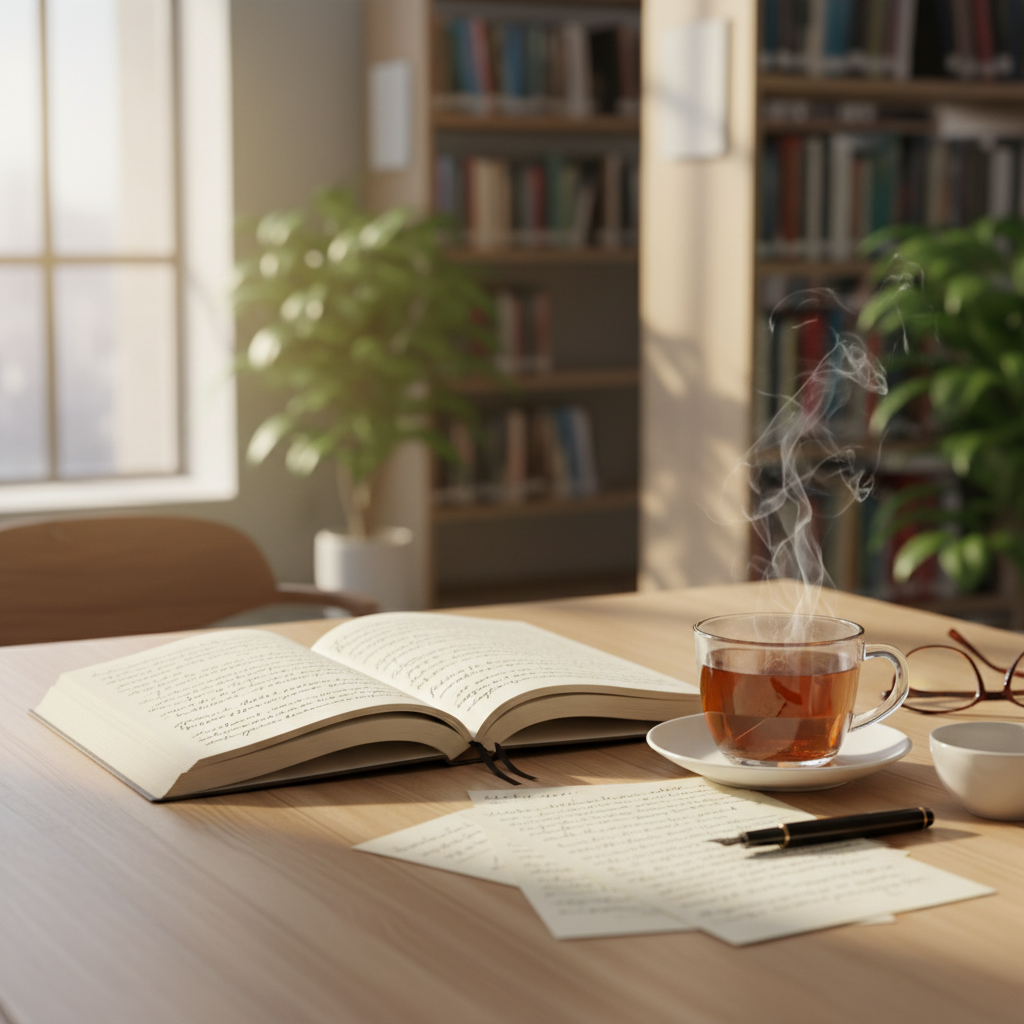 Отворен бележник с ръкописни бележки и чаша чай на дървена маса