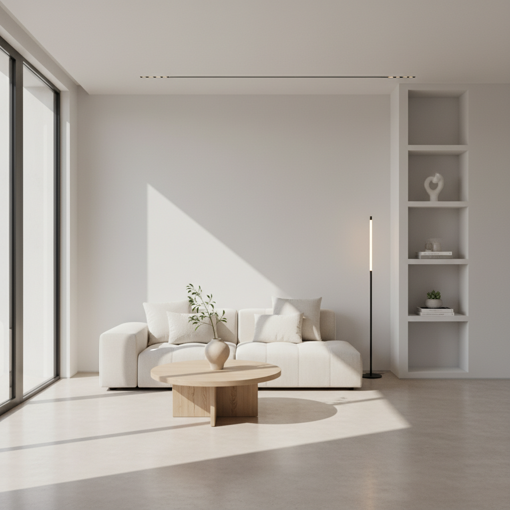 Минималистичен интериор със светлина, преминаваща през прозорец