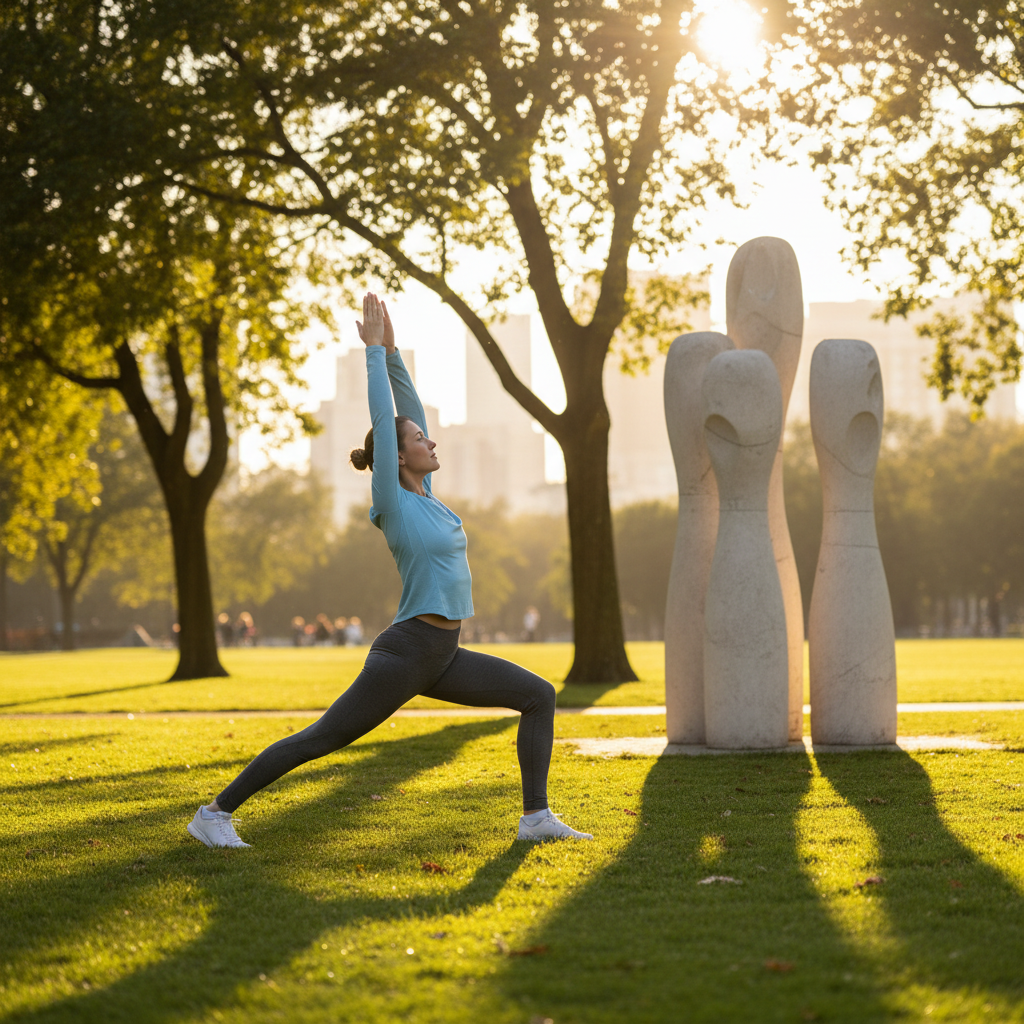 Човек, практикуващ лека разтягаща гимнастика в парк