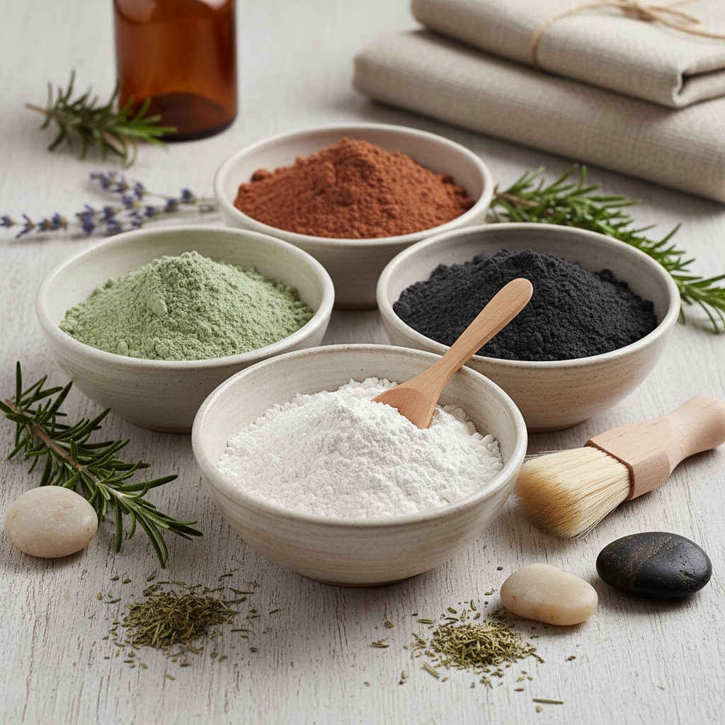 Различни видове козметична глина в керамични купи